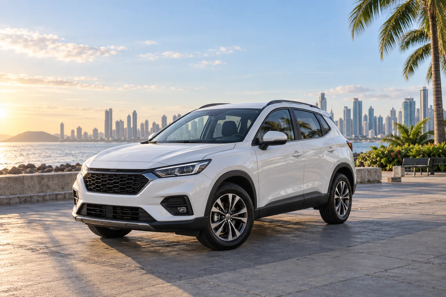 Imagen ilustrativa de un carro blanco junto a la ciudad de Panamá